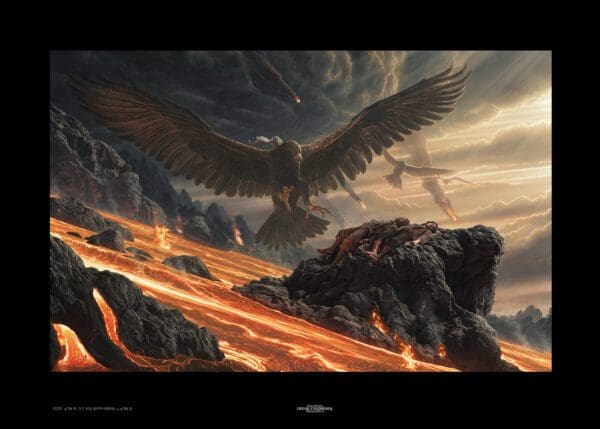 A painting of an eagle flying over the mountains