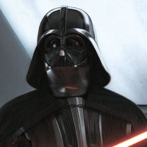 A painting of darth vader with a lightsaber.