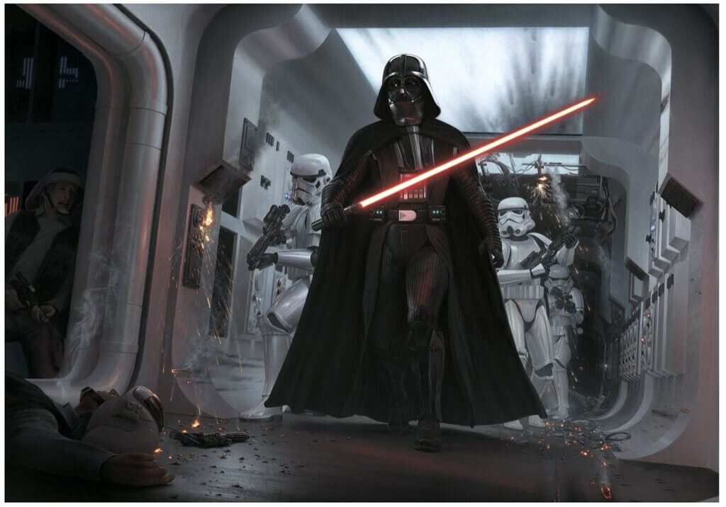 A darth vader standing in front of some other star wars characters.