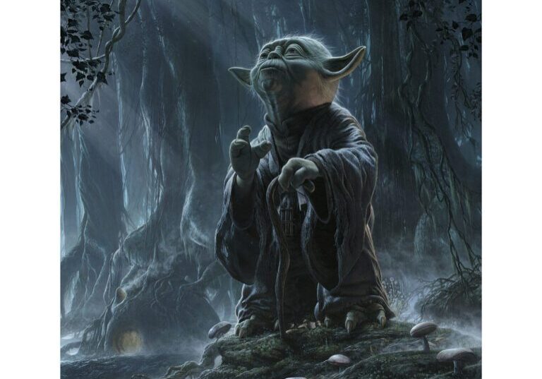 A painting of yoda in the woods
